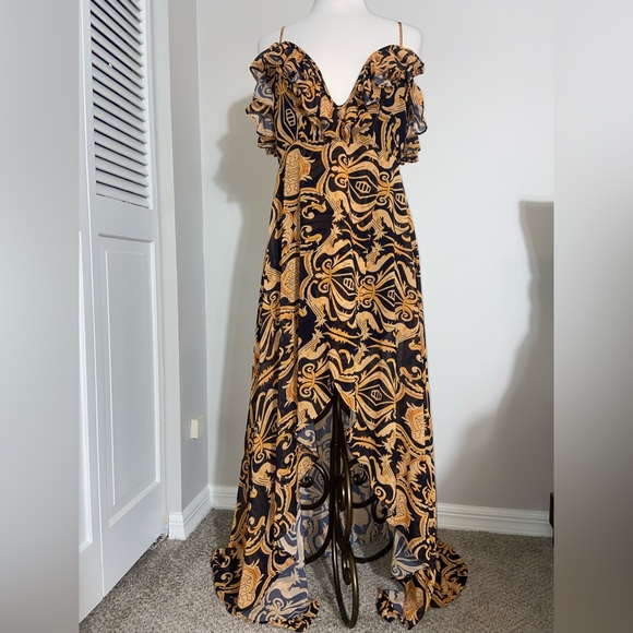 AKIRA Dresses & Skirts - Akira Baroque Gold Black Plunging Neck Ruffled Maxi High Low Dress L Large